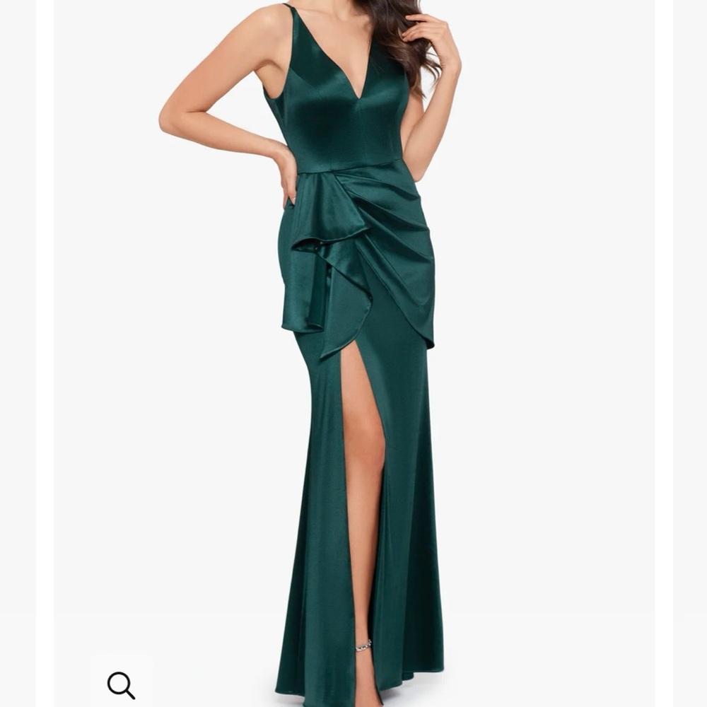 "ROBIN" LONG SATIN V-NECK RUFFLE DRESS